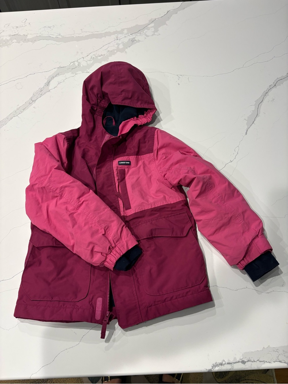 Lands' End Two-Tone Pink Hooded Kids' Puffer Jacket